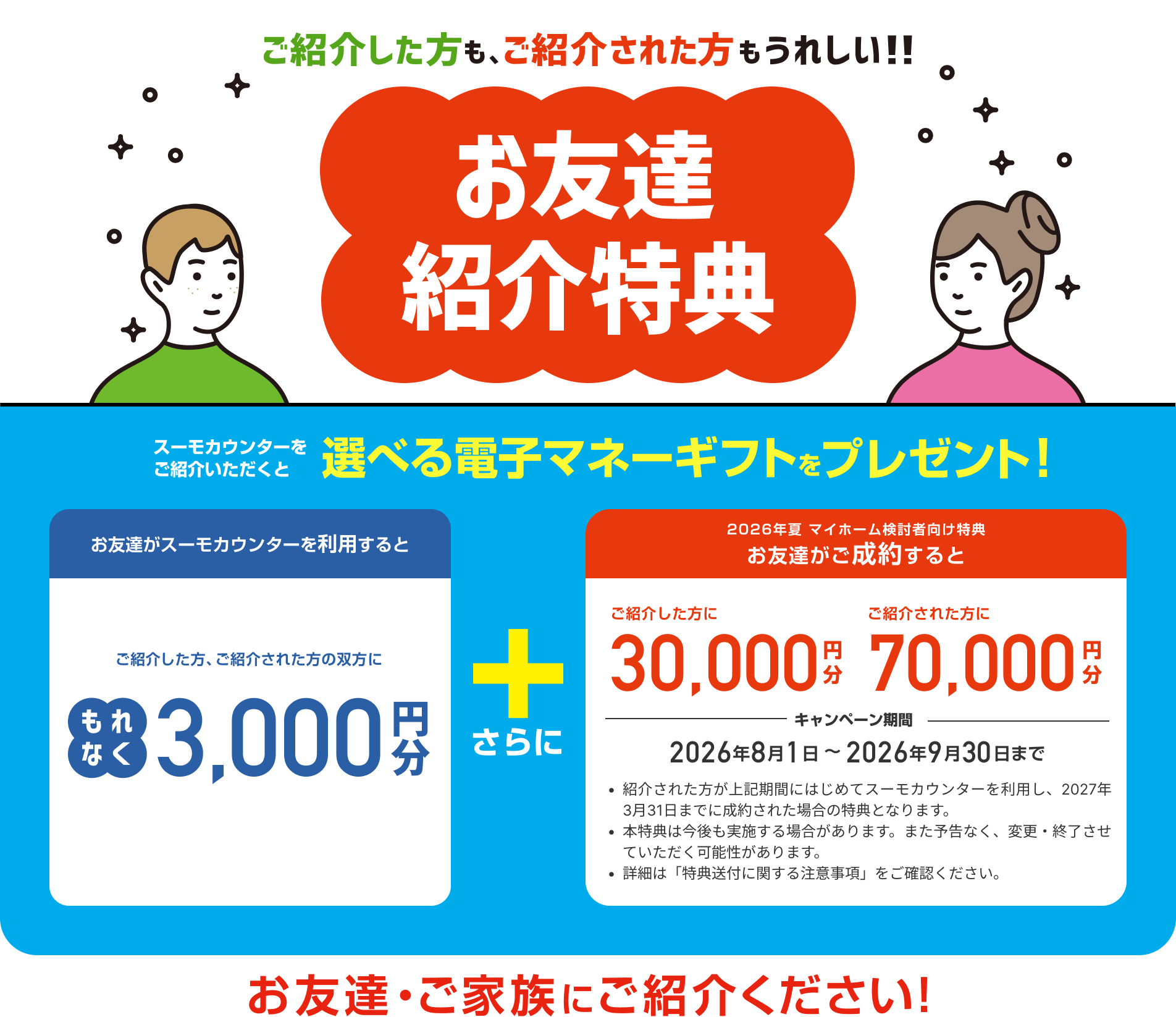 ご紹介した方も、ご紹介された方もうれしい!! お友達紹介特典 スーモカウンターをご紹介いただくと選べる電子マネーギフトをプレゼント！ お友達がスーモカウンターを利用すると ご紹介した方、ご紹介された方の双方に もれなく3,000円分 さらに【2026年夏 マイホーム検討者向け特典】お友達がご成約すると ご紹介した方に 30,000円分 ご紹介された方に 70,000円分 お友達・ご家族にご紹介ください！