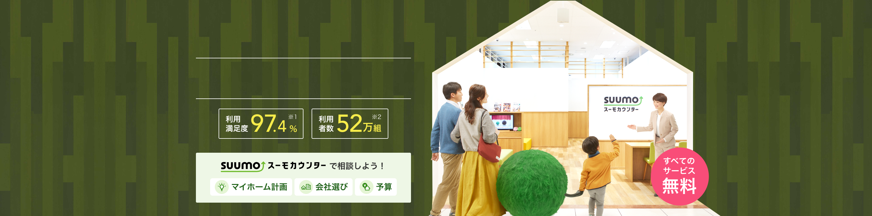 利用満足度 97.4%（※1 スーモカウンターご利用者アンケート／2025年5月 自社調べ）利用者数 52万組（※2 2025年3月末時点） スーモカウンターで相談しよう！マイホーム計画・会社選び・予算