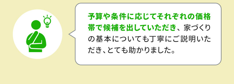 予算や条件に応じてそれぞれの価格帯で候補を出していただき、家づくりの基本についても丁寧にご説明いただき、とても助かりました。