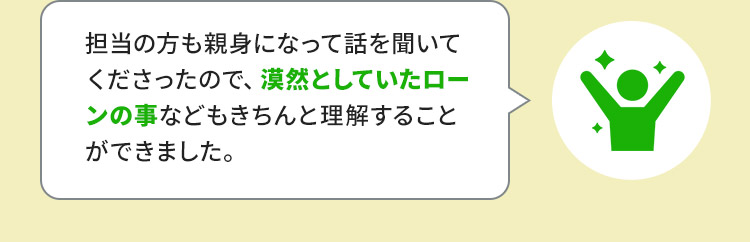 担当の方も親身になって話を聞いてくださったので、漠然としていたローンの事などもきちんと理解することができました。