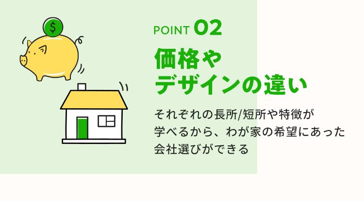 POINT02 価格やデザインの違い。それぞれの長所・短所や特徴が学べるから、わが家の希望にあった会社選びができる。